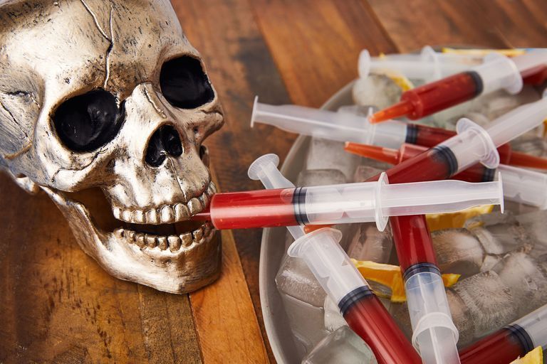 bloody mary syringes next to halloween skull evolve blog