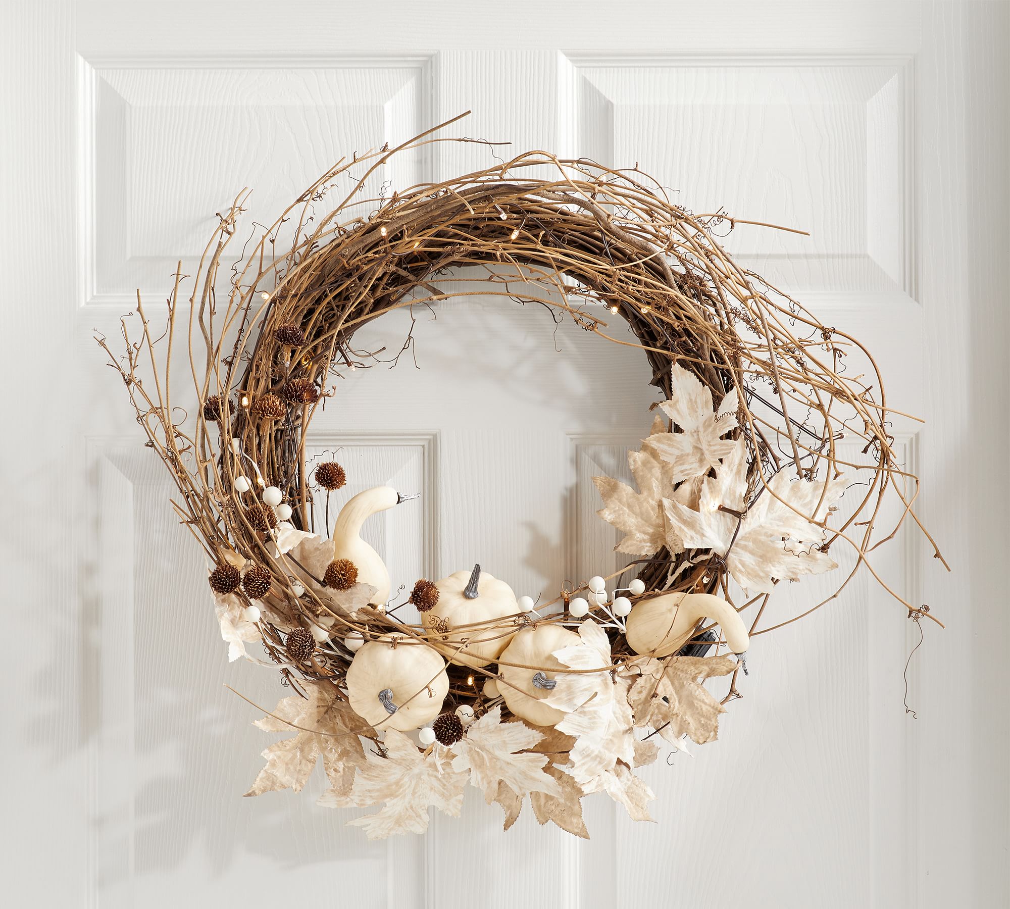 natural fall wreath with white accents