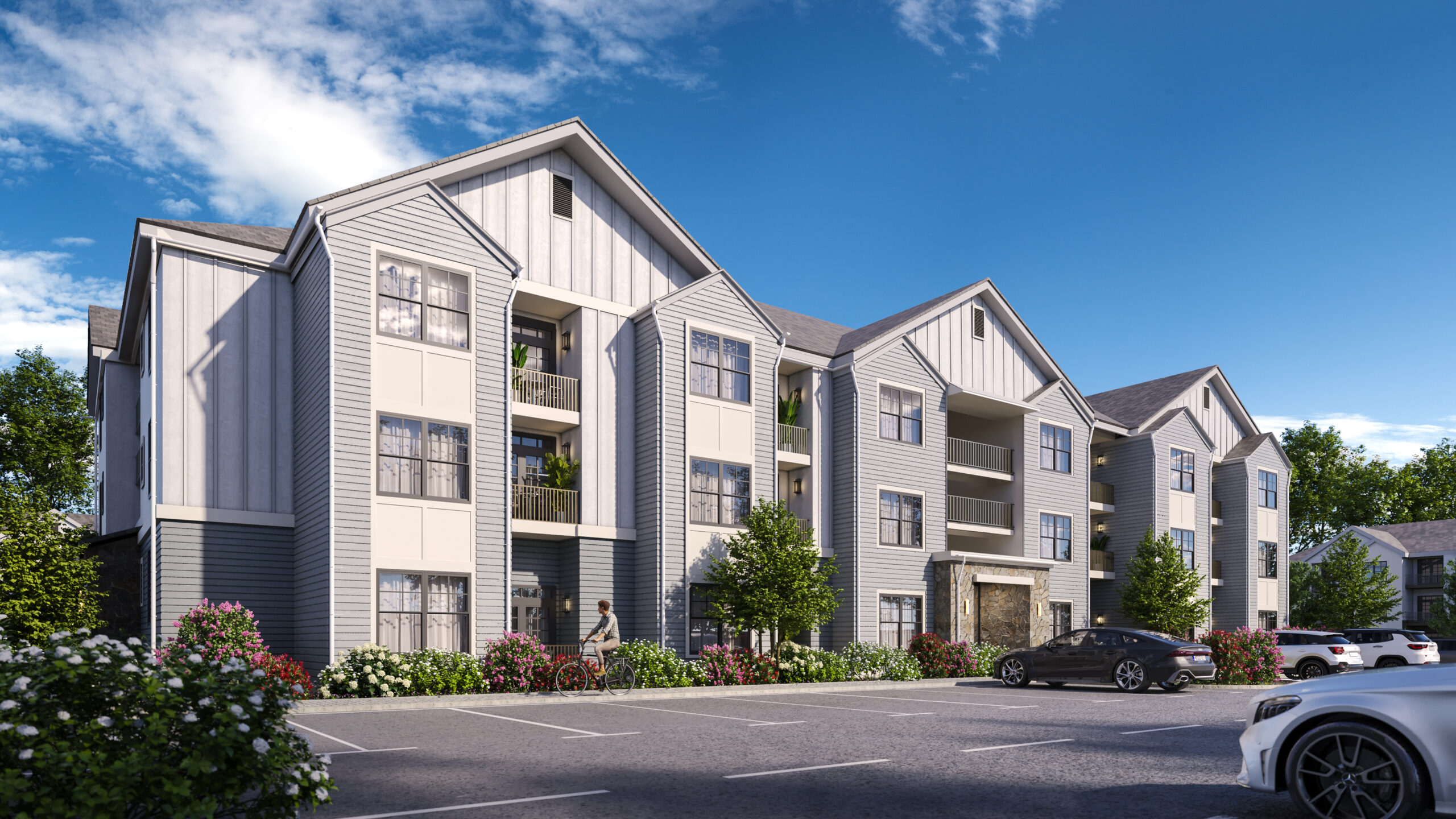 rendering of Evolve at Holly Ridge, a new apartment community on a sunny day