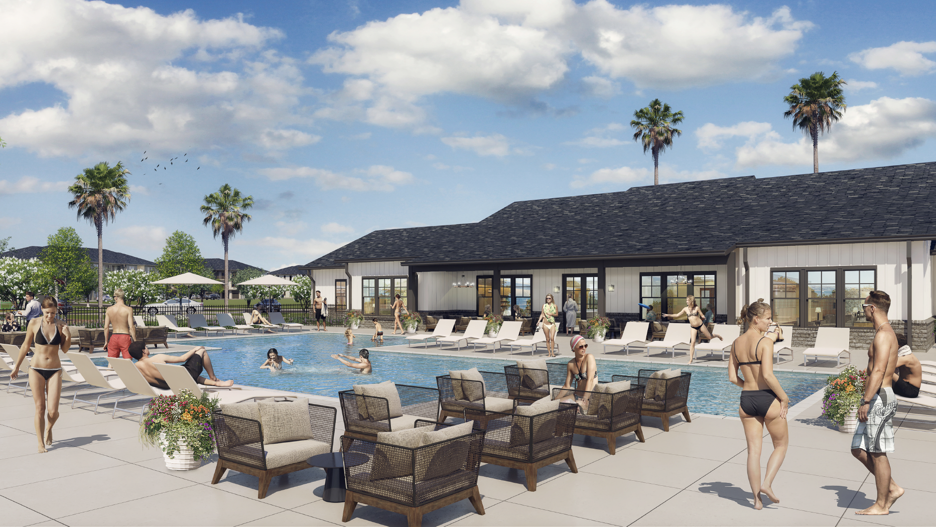 rendering of people enjoying the pool at Evolve Palm Coast